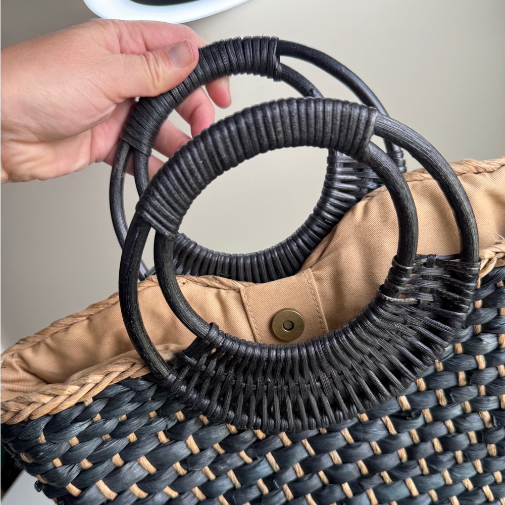 Free People Black and Natural Woven Straw Tote with Round Handles - Picture 7 of 14